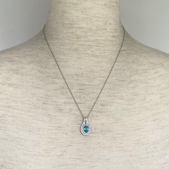 Sterling Silver 925 P☆M Oval Blue Topaz White Topaz Double Halo Pendant Necklace - Picture 2 of 16
